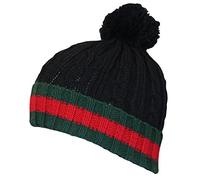 FLAVES FASHION (FF11) Mens Designer Urban Retro Bobble Turn UP ROLL UP Stripe Cuff Beanie SKI HAT (Black)