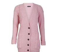 FLAVES FASHION (FF11) Women Ladies Long Sleeve Button Top Chunky Aran Cable Knitted Grandad Cardigan (UK-12-14, Baby Pink)