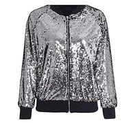 FLAVES FASHION Women Sequin Glitter Bomber Jacket Ladies Biker Festival Clubbing Party Club Top (XL, Silver)