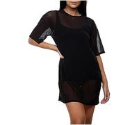 FLAVES FASHION Womens Ladies Short Sleeve Fishnet Sheer Mesh Oversized Top Round Neck Tunic Baggy T-Shirt Dress Size UK 8-22 (XXL, Black)