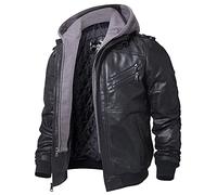 FLAVOR Men Brown Leather Motorcycle Jacket with Removable Hood, Black+gray, 6X-Large Big