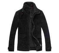FLAVOR Men's Classic Leather Jacket with Removable Collar Suede Winter Coat (Large, Black)
