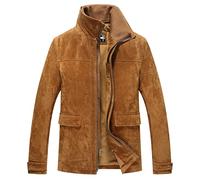 FLAVOR Men's Classic Leather Jacket with Removable Collar Suede Winter Coat (XX-Large, Brown)
