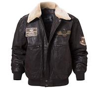 FLAVOR Men's Real Leather Bomber Jacket with Removable Collar (Dark Brown, Large)