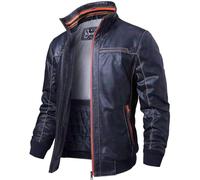 FLAVOR Men's Real Leather Casual Jacket Standing Collar Vintage Black (Blue, M)