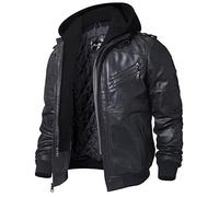 FLAVOR Men's Real Leather Jacket with Removable Hood Brown Genuine leather (Black, Small, s)