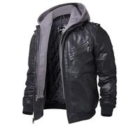 FLAVOR Men's Real Leather Jacket with Removable Hood Genuine Leather (Black, X-Large)