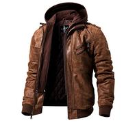 FLAVOR Men's Real Leather Jacket with Removable Hood Genuine Leather, L, Brown