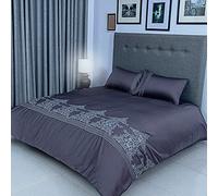 FLAX LINEN Organic Duvet Covers Set Charcoal, Ancient Modern Collection, 400 Thread Count, Long Staple Egyptian Cotton Bedding Sets, with Hidden Button Closure, Includes 2 Pillowcases (Double)