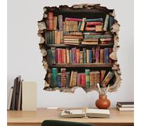 Flaxarne 3D Bookshelf Wall Stickers Faux Hole Book Design Decorative PVC Wall Art for Bedroom Living Room Decoration