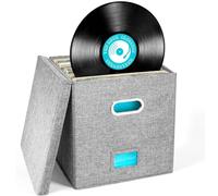 flaxarne Decorative Vinyl Record Storage Box with lid and Reinforced Handle Collapsible Waterproof Organizer Bins for 50+ Single LPs 33 * 33 * 33 cm