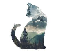 Flaxarne Double Exposure Cat Wall Decal, Mountain Forest Landscape Cat Silhouette Wall Sticker for Bedroom Living Room, Removable Nature Inspired Vinyl Wall Art for Cat Lovers