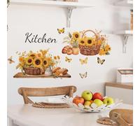 Flaxarne Kitchen Sunflower & Butterfly Wall Decals Peel and Stick Floral Bread Basket Murals for Kitchen Dining Room Living Room Farmhouse