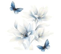 Flaxarne Watercolor Blue Lily Wall Decals, White & Light Blue Floral with Butterfly Wall Stickers for Bedroom Living Room Bathroom, Removable Botanical Wall Art for Home Decor