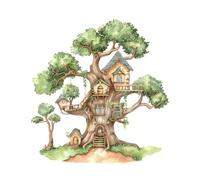 Flaxarne Watercolor Treehouse Wall Decal, Whimsical Forest Tree House Wall Sticker for Kids Bedroom Playroom Nursery, Removable Magical Nature Wall Art for Home Decor