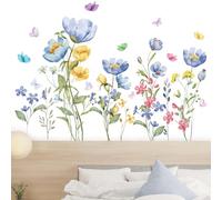 Flaxarne Watercolor Wildflower Butterfly Wall Stickers Peel and Stick Floral Wall Art Decor for Bedroom Living Room Home Office