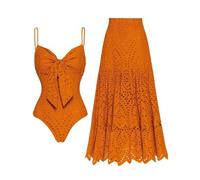 FLAXMAKER Hollow Adjustable Straps Bathing Suits Sling Cut Out Bow Tie One Piece Swimsuit and Skirt (UK, Alpha, L, Regular, Regular, Orange Swimsuit and Skirt)