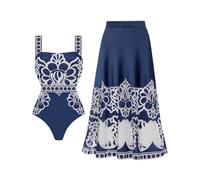 FLAXMAKER Lily and Majolica Series Intertwine Pattern Print Sling One Piece Swimsuit and Skirt Blue/S