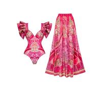 FLAXMAKER Ruffled Rose Red Blooming Flower Print One Piece Swimsuit and Skirt (UK, Alpha, L, Regular, Regular, Red Swimsuit and Skirt)