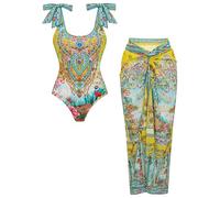 FLAXMAKER Women's Bird Song and Floral Print Adjustable Strap Swimsuit and Skirt/Sarong (UK, Alpha, M, Regular, Regular, Yellow Swimsuit and Sarong)
