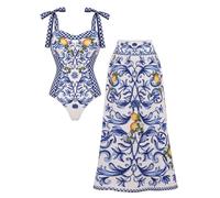 FLAXMAKER Women's One Piece Bowknot Tie Shoulder Adjustable Swimsuit Lemon Printed Swimsuit Skirt/Short Skirt (UK, Alpha, M, Regular, Regular, Blue Swimsuit and Skirt)