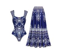 FLAXMAKER Women's One Piece Royal Blue Baroque Print Bathhing Suits Swimsuit and Skirt