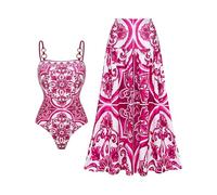 FLAXMAKER Women's One Piece Sling Classic Majolica Adjustable Bathing Suits Back Lace up Swimsuit with Skirt/Shorts (UK, Alpha, S, Regular, Regular, Red Swimsuit with Skirt)