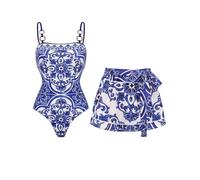 FLAXMAKER Women's One Piece Sling Classic Majolica Adjustable Swimsuit and Shorts, Blue,S
