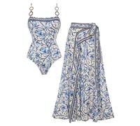 FLAXMAKER Women's One Piece Sling Classic Majolica Adjustable Swimsuit and Skirt, Blue #3,S