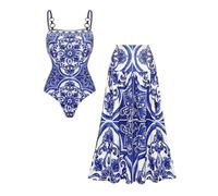 FLAXMAKER Women's One Piece Sling Classic Majolica Adjustable Swimsuit and Skirt, Blue,S