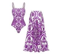 FLAXMAKER Women's One Piece Sling Classic Majolica Adjustable Swimsuit and Skirt, Purple,S