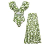 FLAXMAKER Women's Ruffled Shoulders and a Cutout Design at the Waist One-piece Swimsuit and Skirt (UK, Alpha, S, Regular, Regular, Green Swimsuit and Skirt)