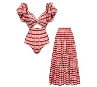 FLAXMAKER Women's Ruffled Shoulders and a Cutout Design at the Waist One-piece Swimsuit and Skirt (UK, Alpha, L, Regular, Regular, Red Swimsuit and Skirt)
