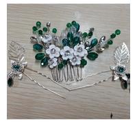 Flayem 3pc Wedding Hair Comb,Green Flower Hair Clips,Crystal