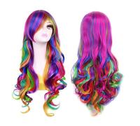 Flcivsh Lady Rainbow Long Curly Wigs Fashion Cosplay Costume Hair Anime Full Wavy Wig 70cm, Fine Workmanship