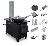 FLCPJGV Mobile Cook Unit, Metal | Stainless Steel, Thickened Seamless Weld - Large Chamber - Separate Oven | Smokeless, For, Small size, with 32cm wok, kettle, and 4m chimney pipe accessories