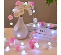 FLCSIed 6.56Ft 20 led 3AA Battery Powered Globe Crystal Ball Lights with FluffyPom-poms Fairy Light for Bedroom, Valentine's Day, Wedding, Party, Christmas, Home Decor (Pink)