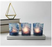 FLCSIed Glass Votive Tea Light Candle Holder Set of 3, Frosted Glass Holders with Sky Blue Patterns -Tealight Candle Holder for Weddings, Party and Home Decor (Blue River)
