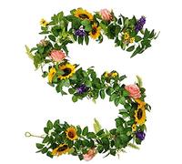 FLCSIed Handcrafted Real Touch Flower Roses Sunflowers Garland 6.23FT, Artificial Foliage Greenery Vine with Mixed Flowers, for Table Runner, Wedding Arch Backdrop, Centerpieces, Photo Booth (Yellow)