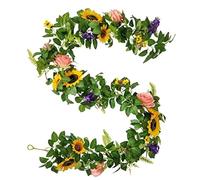 FLCSIed Handcrafted Real Touch Flower Roses Sunflowers Garland 6.23FT, Artificial Foliage Greenery Vine with Mixed Flowers, for Table Runner, Wedding Arch Backdrop, Centerpieces, Photo Booth (Yellow)