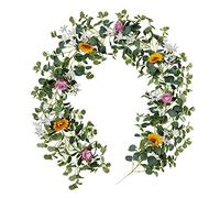 FLCSIed Rose Garland with 8 Pink Flowers - Lush, Natural Looking Leaves and Floral Decor, Greenery for Wedding Table with Abundant Vines (Multi)
