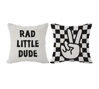 FLDAS Checkered Pillow Covers, Rad Little Dude Preppy Peace Hand Sign Decorative Throw Pillow Covers, Trendy Pillow Cases Cushion for Home Boy Girl Teen Nursery Room Dorm, 18×18 Inch Set of 2