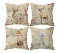 FLDAS Winter Pillow Covers 18x18 Set of 4, Christmas Woodland Farmhouse Decor, Vintage Winter Animals Bunny Deer Fox Bear Decorative Throw Pillows Cover