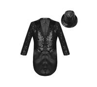 Fldy Boys Sequin Tailcoat Gentleman Outfit Glitter Tuxedo Blazers Suit Jacket with Hat Performance Costume Black 9-10 Years