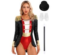 Fldy Circus Ringmaster Costume for Adult Women Allover Sequins Shiny Bodysuit with Accessories Black S