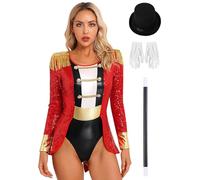 Fldy Circus Ringmaster Costume for Adult Women Allover Sequins Shiny Bodysuit with Accessories Red S