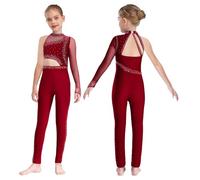 Fldy Figure Skating Jumpsuit for Girls Full Body Gymnastics Unitard One Shoulder Catsuit Sparkly Dance Leotard Red 13-14 Years