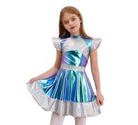 Fldy Girls Alien Costume Shiny Metallic Tutu Dance Dresses Cap Sleeve Dress Holographic Halloween Party Cosplay Outfits Silver 7-8 Years
