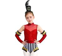 Fldy Girls Circle Ringmaster Costume Halloween Marching Band Fancy Dress 3 Pcs Sequins Leotard Armgloves Headband Set Red Black 5-6 Years