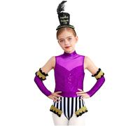 Fldy Girls Circle Ringmaster Costume Halloween Marching Band Fancy Dress 3 Pcs Sequins Leotard Armgloves Headband Set Purple Black 7-8 Years